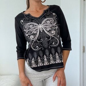 Y2K Blue Canton Black and White Butterfly 3/4 Sleeve Top